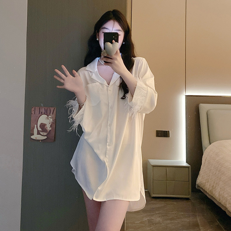 冰丝睡衣女春秋季2026新款睡裙纯欲风夏季高级感男友风衬衫睡衣