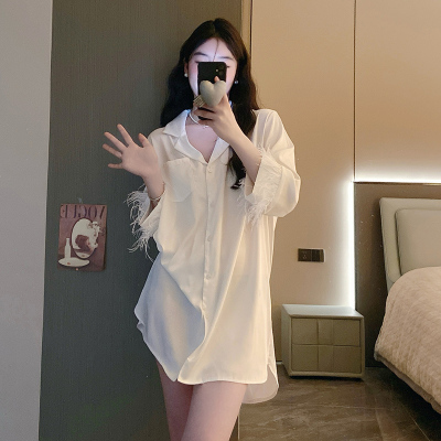 冰丝睡衣女春秋季2026新款睡裙纯欲风夏季高级感男友风衬衫睡衣