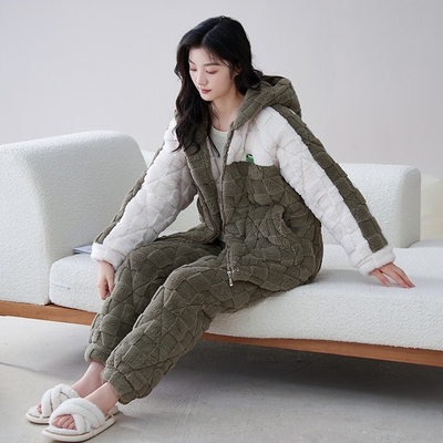 高个子长腿女士加长版睡衣冬季珊瑚绒夹棉家居服加厚连帽棉袄套装