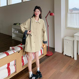 高级感格子拼接翻领中长款风衣女春季新款宽松卡其色小个子外套，女装风衣，浙宝102（原188）