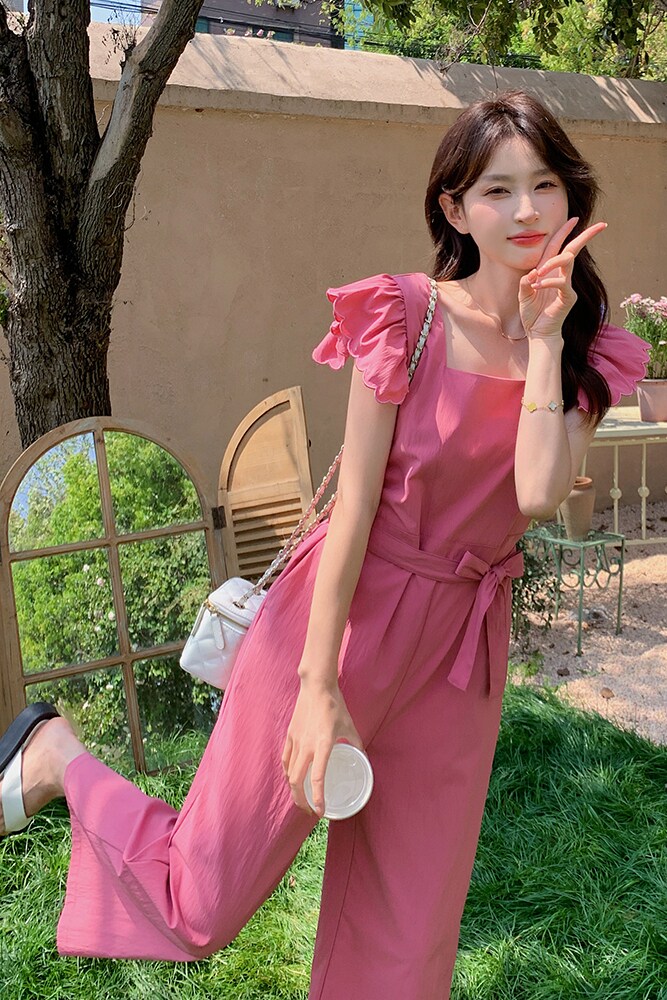 玫红色小飞袖连体裤女夏2024新款网红爆款连衣裤又a又飒流行,女装连体裤,浙宝102（原188）