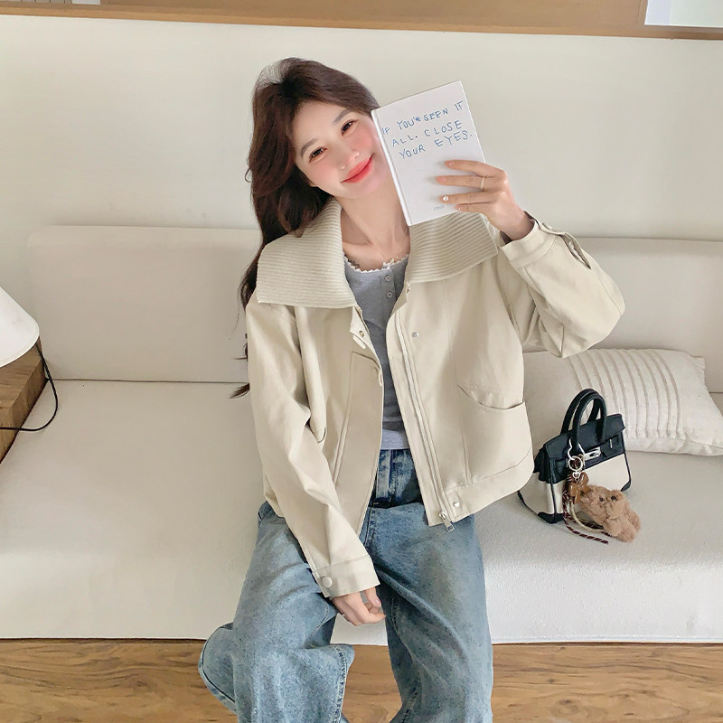 【现货】春季新款米色PU皮针织大翻领外套ZB102-961款-P160-K258，女装皮衣，浙宝102（原188）