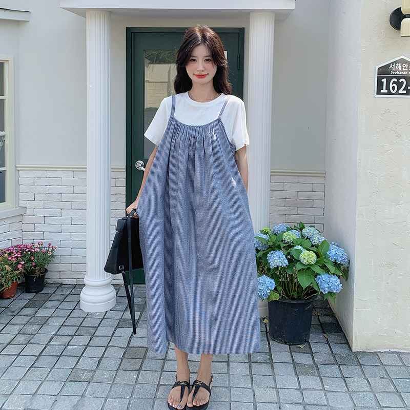 韩版减龄条纹吊带连衣裙T恤套装女2025年夏季新款韩系温柔两件套,女装连衣裙,浙宝102（原188）