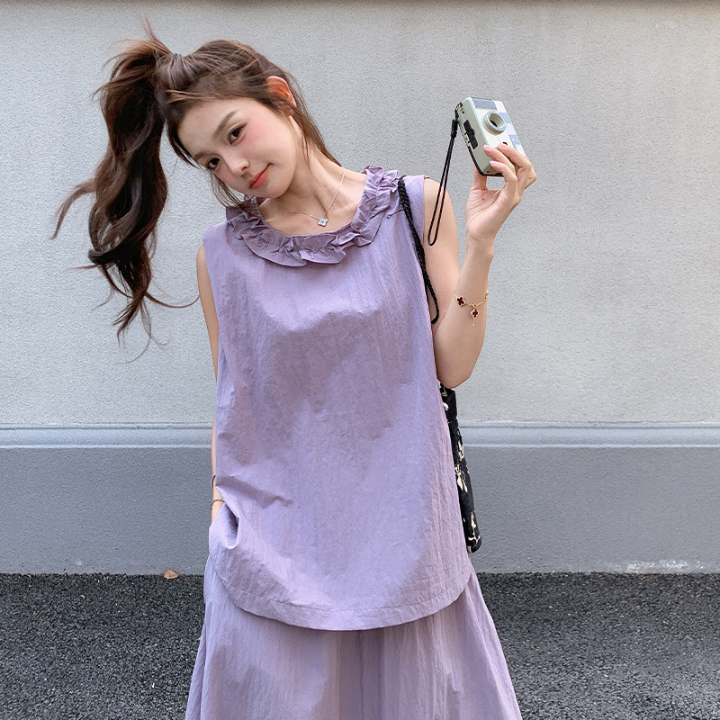 法式木耳边拼接无袖背心套装女夏季2025新款宽松简约半身裙两件套,女装套装/套裙,浙宝102（原188）