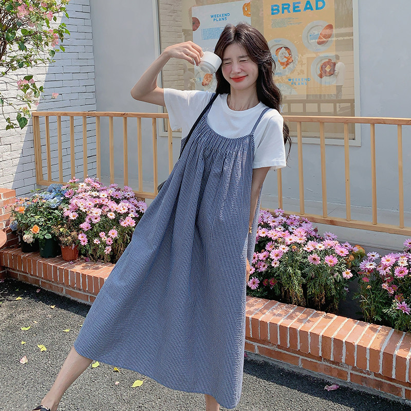 韩版减龄条纹吊带连衣裙T恤套装女2025年夏季新款韩系温柔两件套,女装连衣裙,浙宝102（原188）