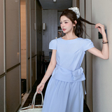浅蓝色温柔风减龄套装女2025夏季新款小个子短袖上衣半身裙两件套，女装套装/套裙，浙宝102（原188）