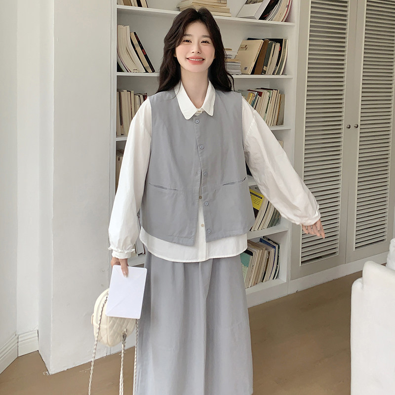 灰色学院风休闲套装裙女春季2025新款韩版衬衫马甲半身裙三件套,女装套装/套裙,浙宝102（原188）