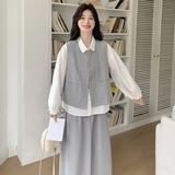 灰色学院风休闲套装裙女春季2025新款韩版衬衫马甲半身裙三件套，女装套装/套裙，浙宝102（原188）
