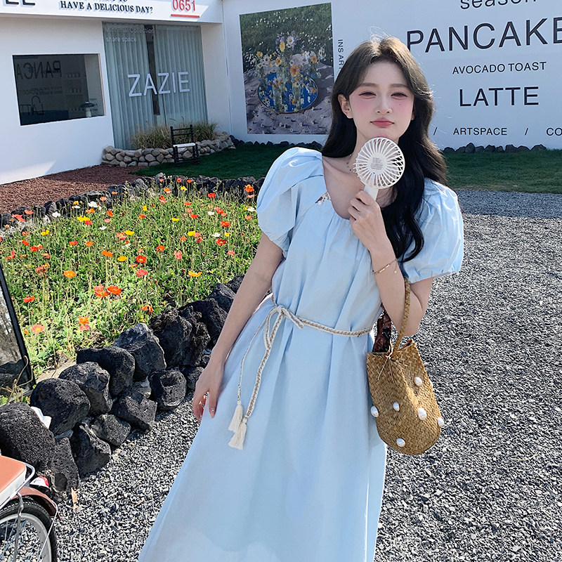 2025夏季新款韩版温柔甜美气质收腰显瘦泡泡袖中长款连衣裙女,女装连衣裙,浙宝102（原188）