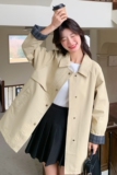 高级感格子拼接翻领中长款风衣女春季新款宽松卡其色小个子外套，女装风衣，浙宝102（原188）