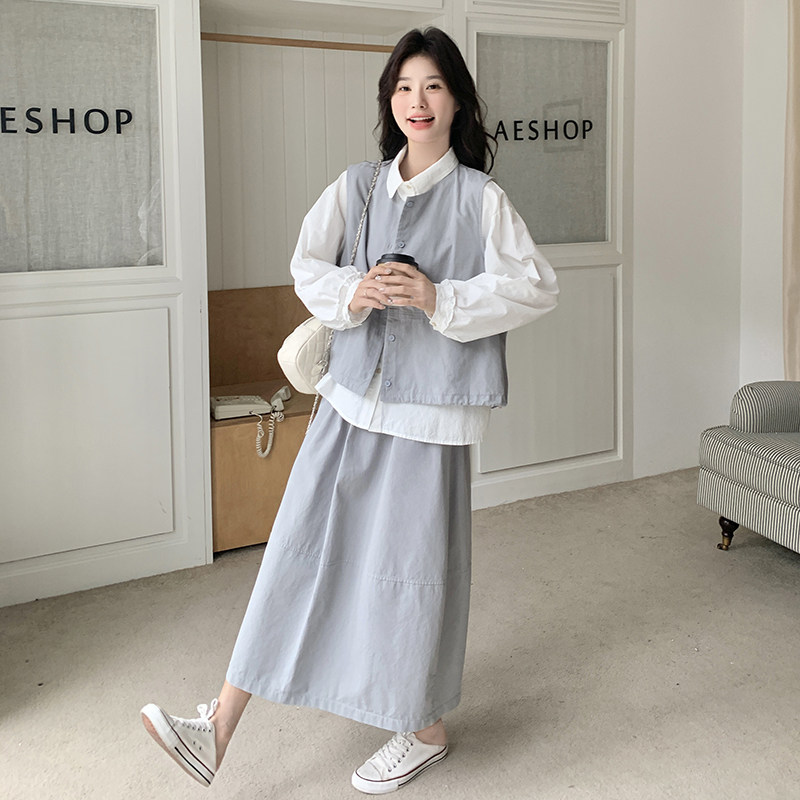 灰色学院风休闲套装裙女春季2025新款韩版衬衫马甲半身裙三件套,女装套装/套裙,浙宝102（原188）