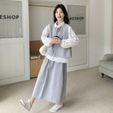 灰色学院风休闲套装裙女春季2025新款韩版衬衫马甲半身裙三件套，女装套装/套裙，浙宝102（原188）