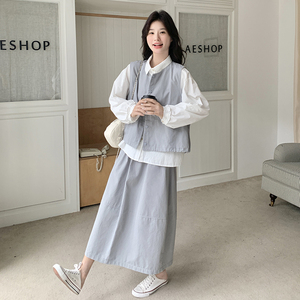灰色学院风休闲套装裙女春季2025新款韩版衬衫马甲半身裙三件套图片