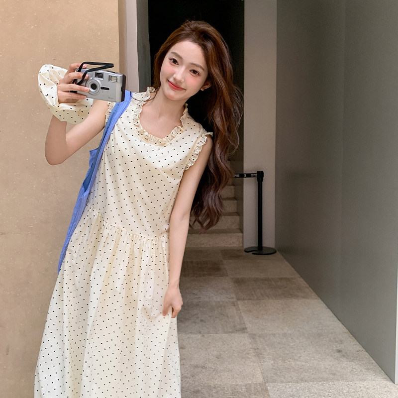 夏季2025新款法式设计感时尚花苞背心裙子女慵懒风气质波点连衣裙,女装连衣裙,浙宝102（原188）