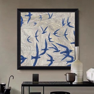 复古飞燕餐厅高级民宿卧室沙发挂画 饰画法式 新中式 蓝色飞鸟客厅装