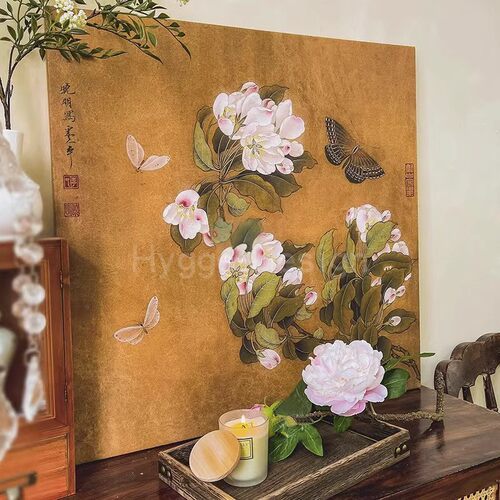 海棠蛱蝶图新中式宋代美学挂画花鸟图客厅餐厅装饰画乔迁送礼壁画