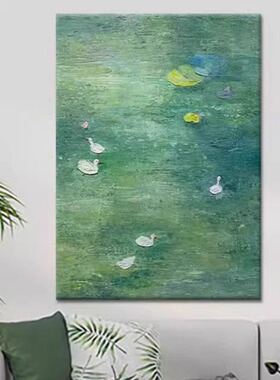 绿色世界名画风景挂画抽象池塘肌理感背景墙壁莫奈睡莲客厅装饰画