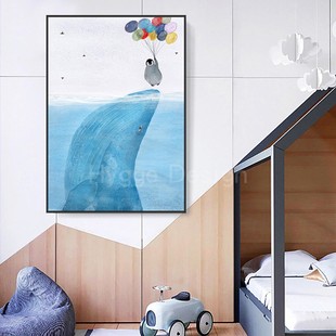 北欧简约儿童房装 饰画水彩鲸鱼帆船企鹅海鸥气球卡通卧室挂画壁画