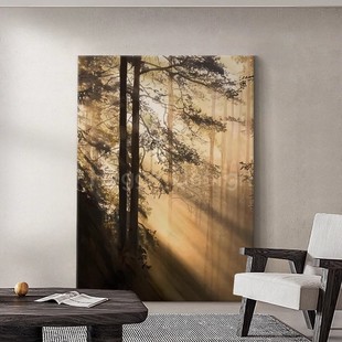 意式 饰画餐厅玄关挂画松林晨光背景墙壁画 轻奢朦胧风丁达尔客厅装