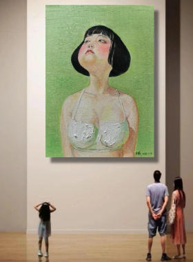 《淑女》高级感客厅装饰画抽象绿色大头女孩卧室小众艺术简约挂画