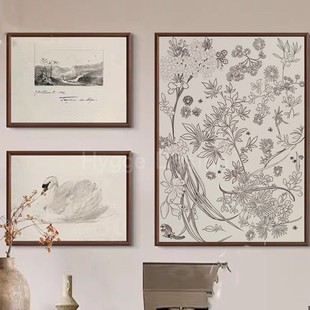 法式 饰画玄关斗柜挂画中古高级感花卉客厅书房壁画 小众黑白素描装