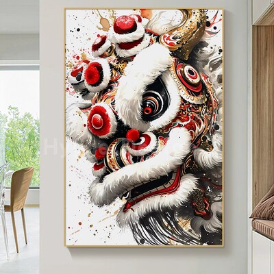 舞狮寓意好玄关挂画新款装饰画国潮创意走廊客厅沙发醒狮客厅壁画