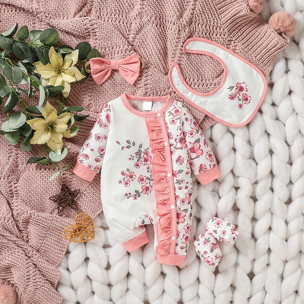 KIKOBABY婴幼早产儿满月服棉质天鹅长爬服+发带+围兜+袜子四件套