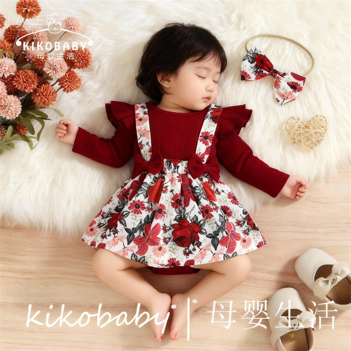 KIKOBABY婴儿哈衣裙假两件背带裙哈衣酒红 女宝宝碎花百日宴服装