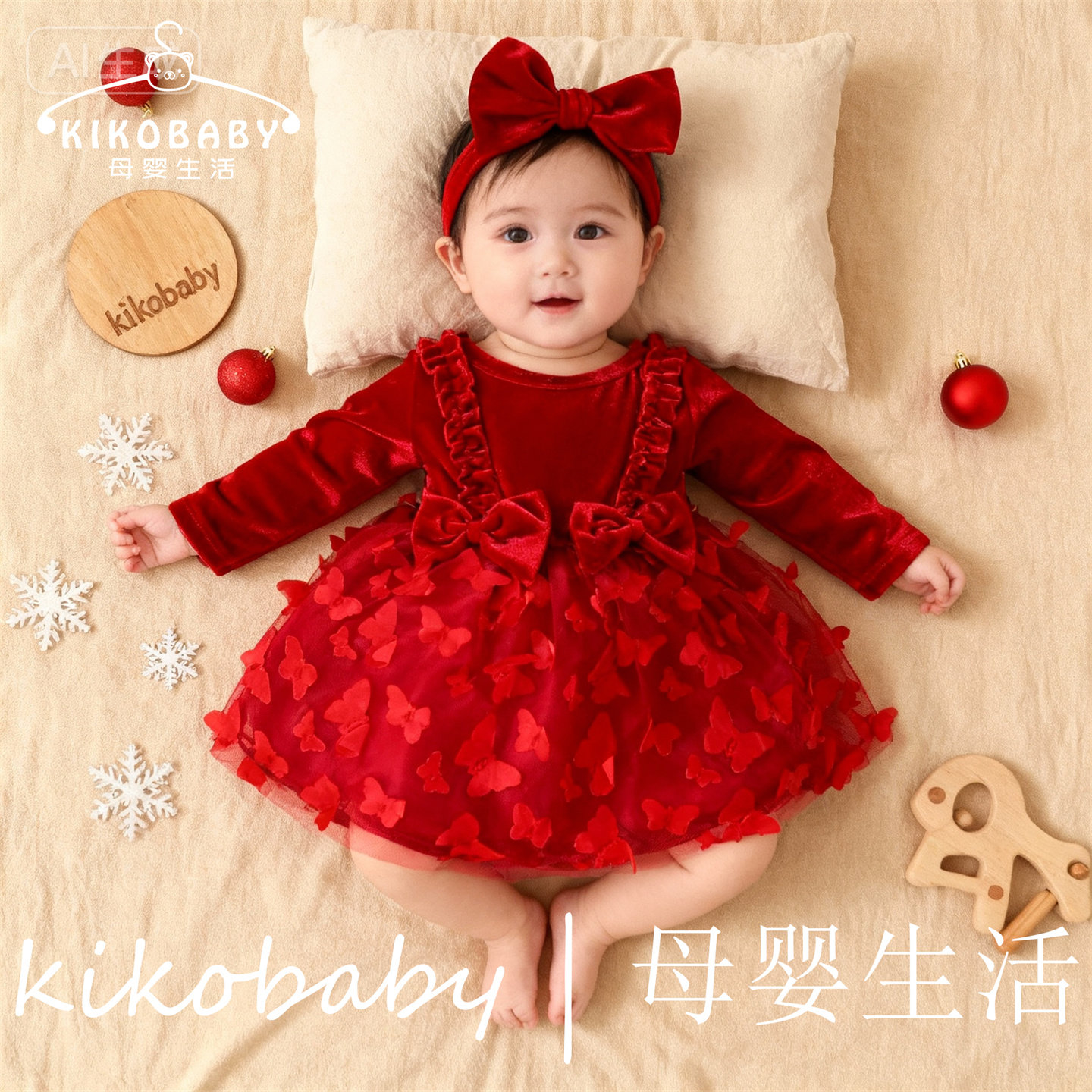 女婴秋冬红色丝绒面料蝴蝶网纱拼接连衣裙生日百日宴花边连身裙