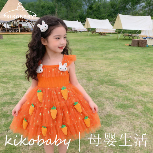 KIKOBABY欧美儿童复活节礼服女童飞袖连衣裙兔子胡萝卜公仔纱裙子