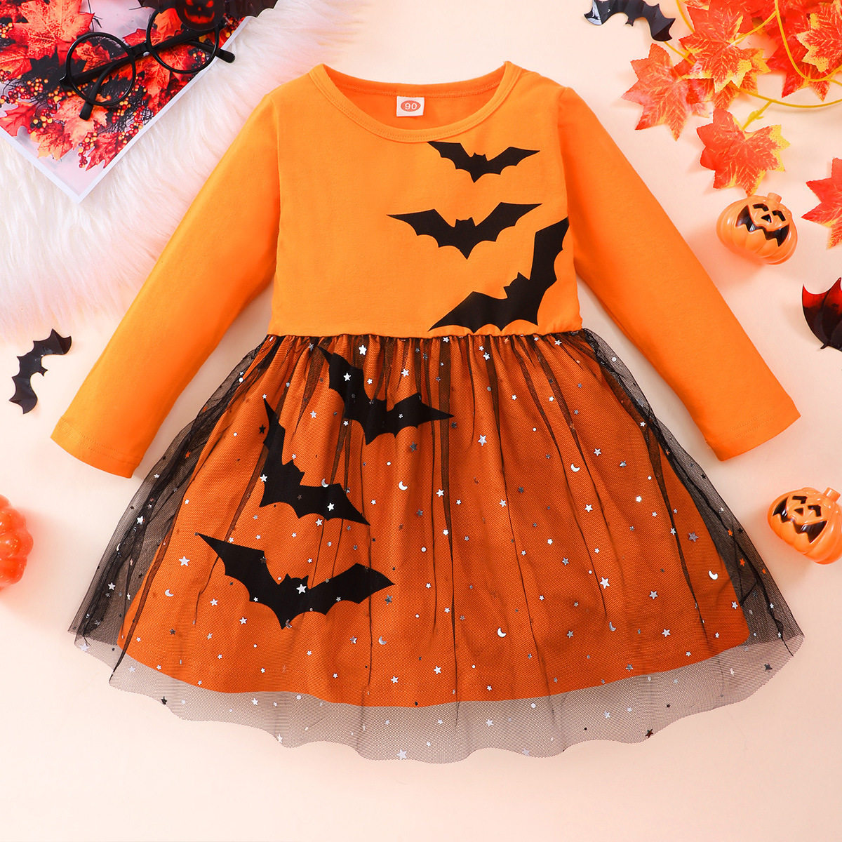 外贸童装万圣节服装橙色蝙蝠网纱裙女童节日派对连衣裙Halloween