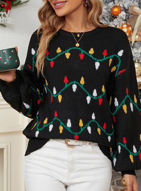 Shein亚马逊欧美女装秋冬套头提花圣诞树针织衫长袖黑色圣诞毛衣