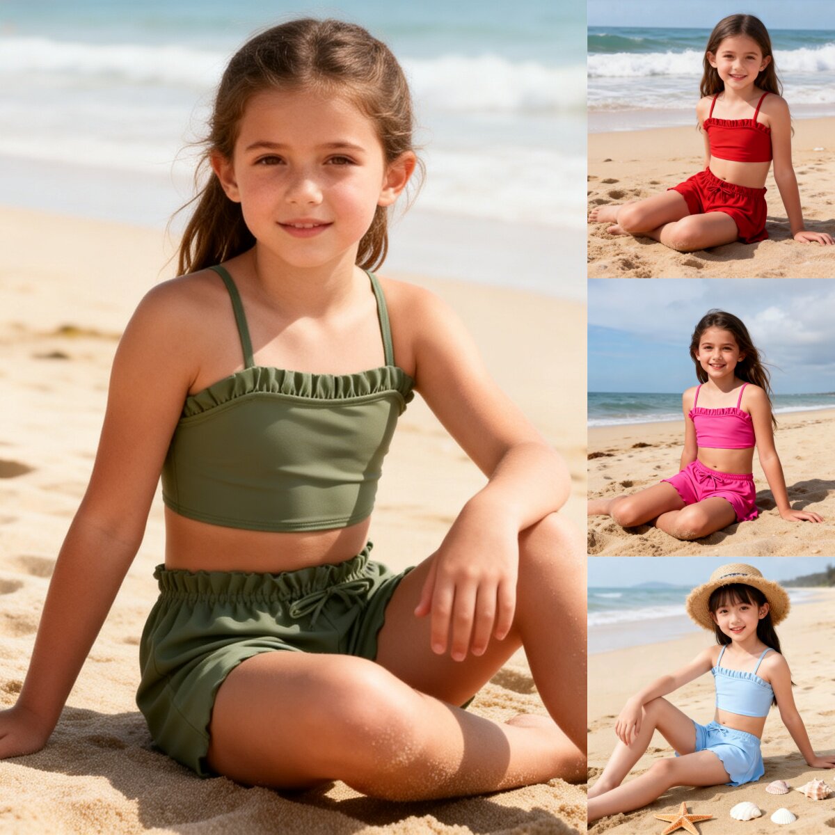 KIDS SWIMSUIT女童5-12岁纯色吊带分体泳衣夏季大女童泳装三件套