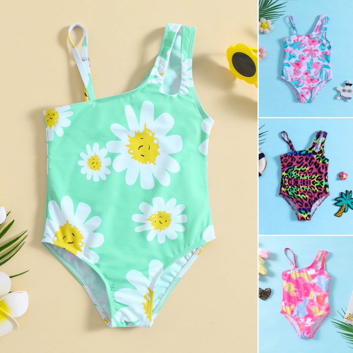 KIKOBABY女童斜肩吊带连体泳衣幼儿印花沙滩度假一体泳装女宝游泳