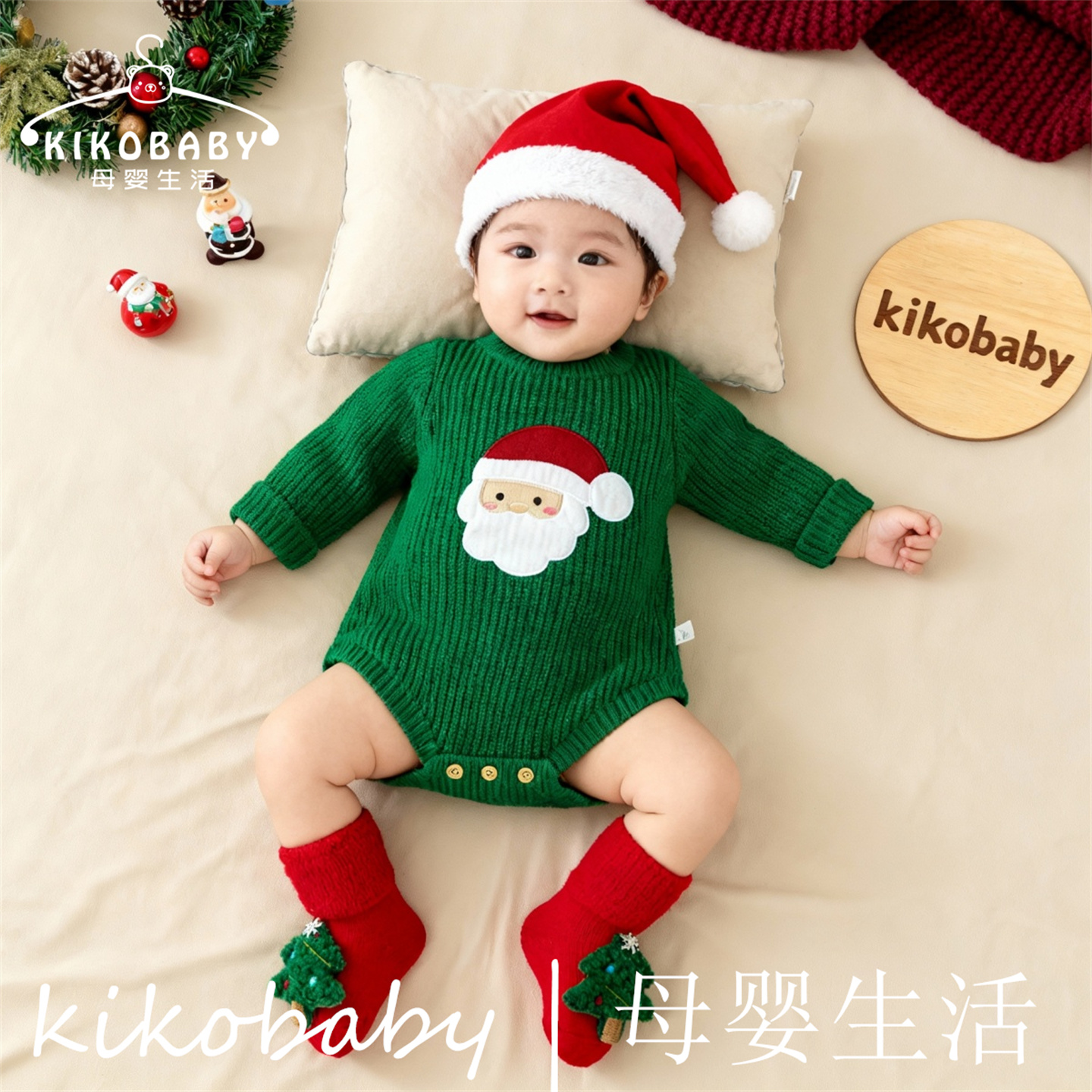 Christmas婴儿圣诞节圣诞老人毛衣三角哈衣爬服针织可爱包屁衣ins