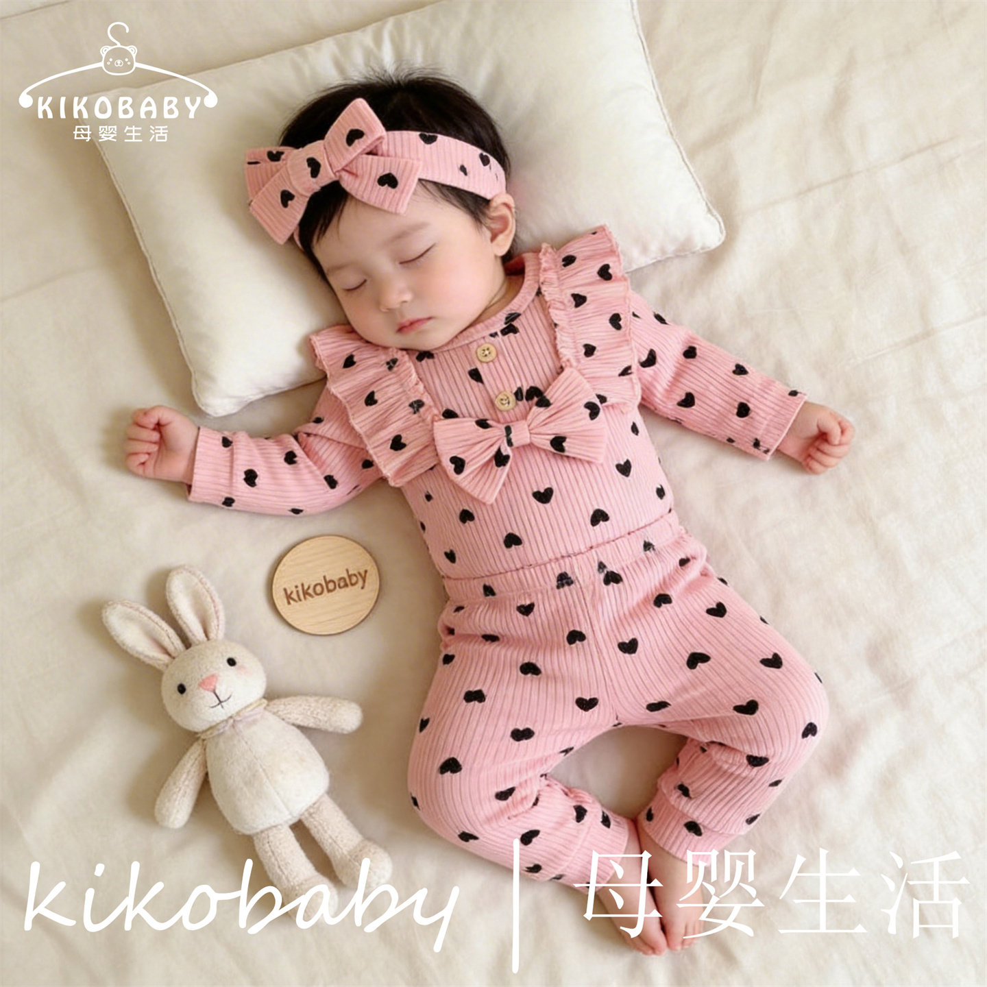 KIKOBABY外贸婴幼童坑条哈衣长裤春装女宝宝超萌爱心包屁衣套装