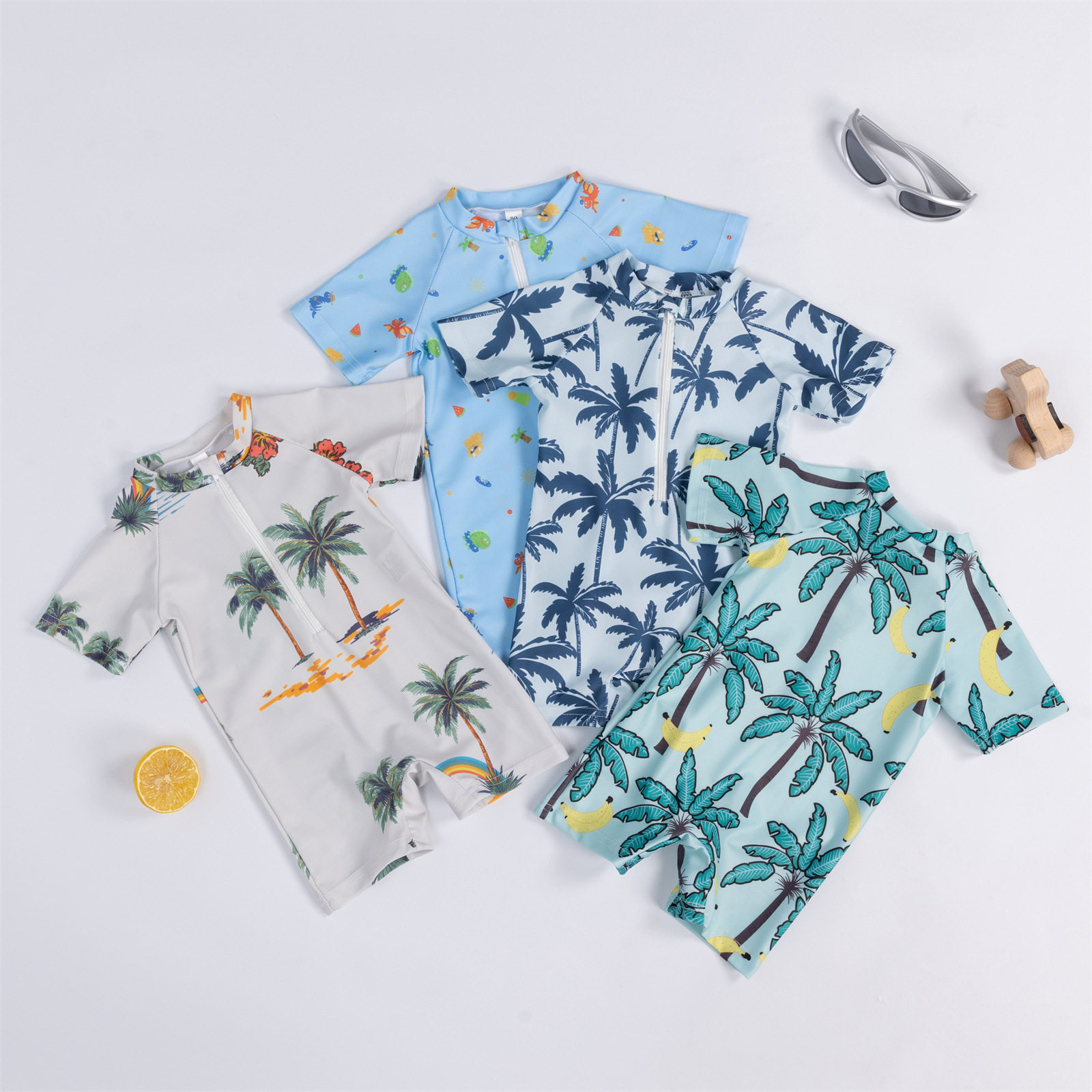 1-3岁跨境童装男童椰树满印连体泳衣男宝宝半开襟男小童连体泳衣