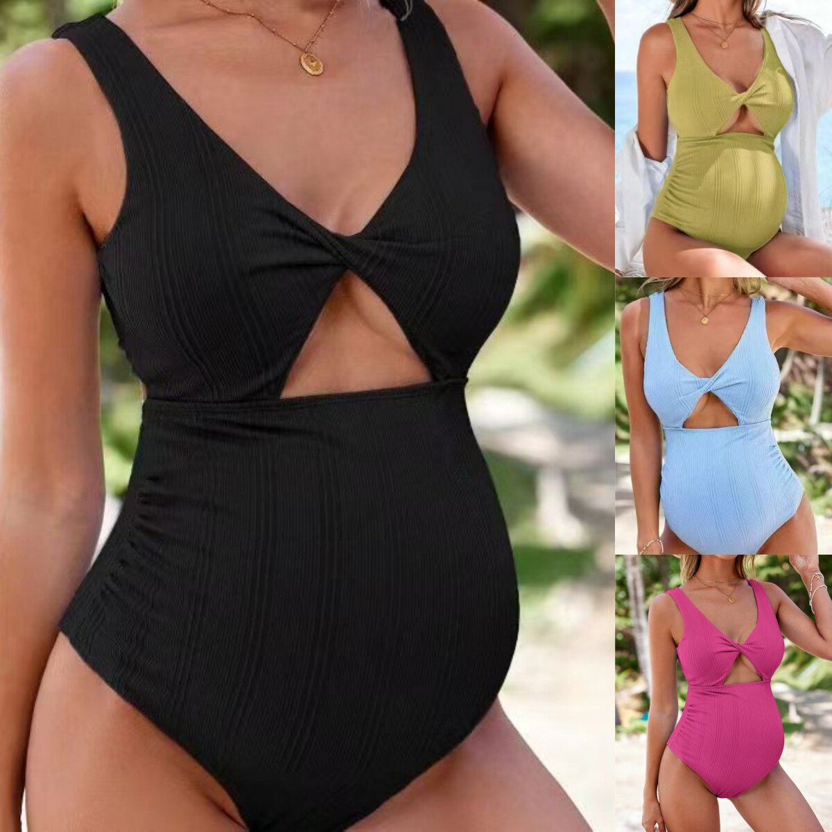 外贸孕妇泳衣女欧美时尚蓝色大码遮肚托腹连体高腰女泳装Swimwear