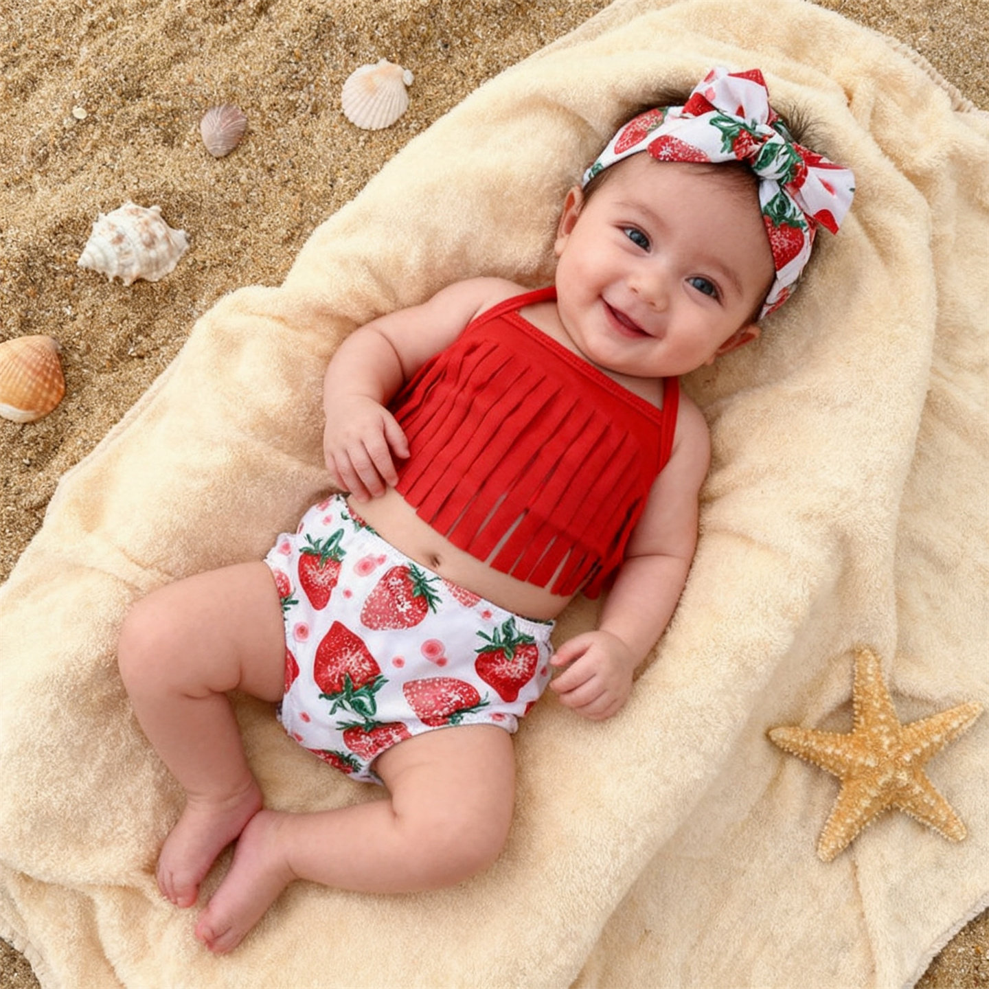 Baby Bikini女婴童泳装流苏吊带泳装两件套草莓宝宝比基尼 泳衣