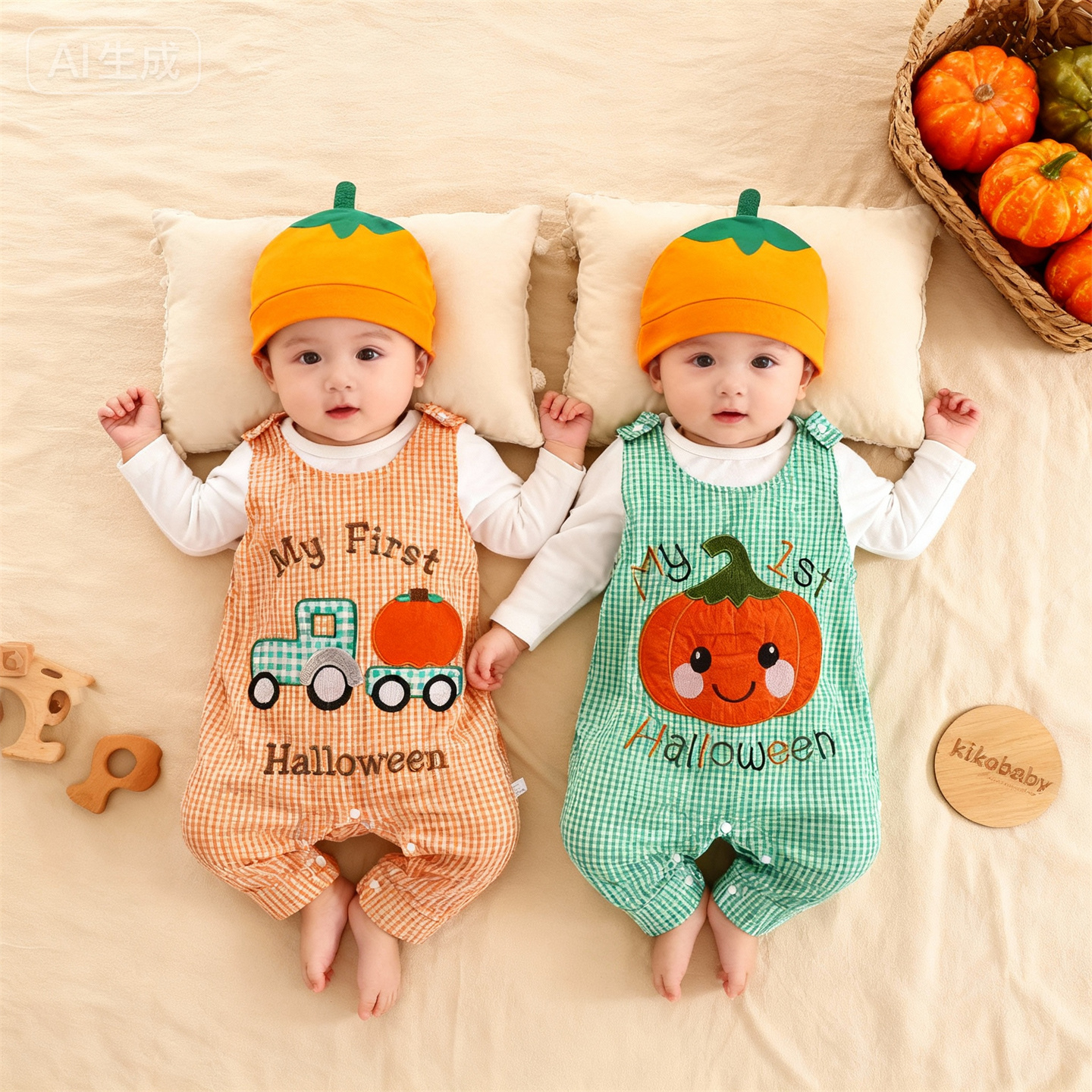 1st Halloween万圣节婴童刺绣南瓜长袖连体哈衣连体背带爬服帽子