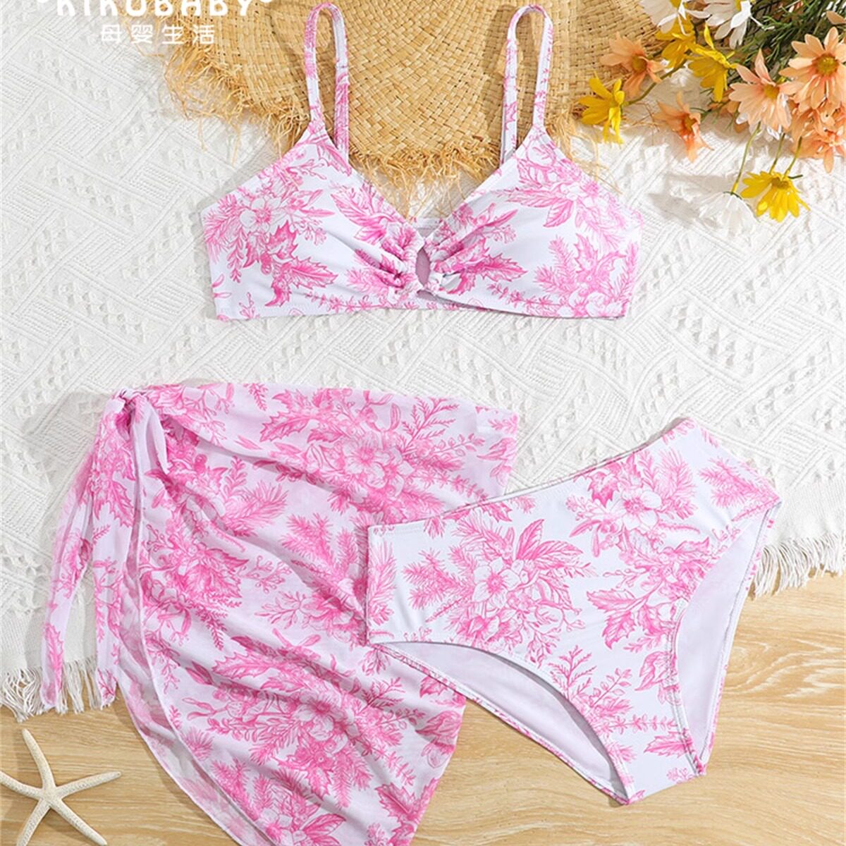 Kids Swimsuit欧美儿童泳衣女分体大童印花亚马逊网纱泳装三件套