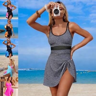 Women Swimwear欧美泳衣连体泳衣女孩跨境女士时尚印花吊带泳装裙
