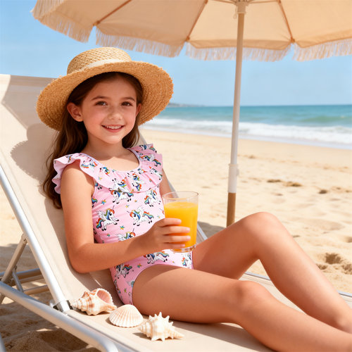 Kids Swimwear女童粉独角兽连体衣荷叶边泳衣一体式 儿童外贸泳装