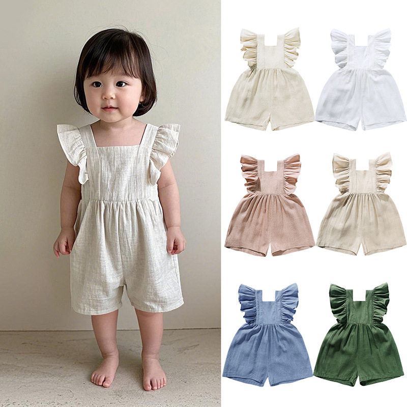 KIKOBABY女童宝宝棉麻连体短裤背带连体衣童装婴幼连体衣哈衣爬服