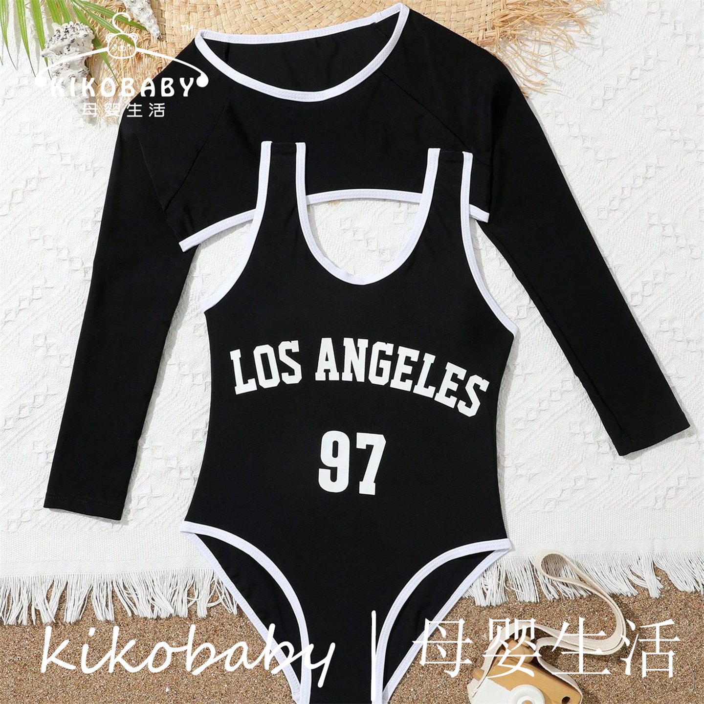Kids Bikini女童外贸时尚分体泳装网纱泳衣荧光大童花色游泳罩衣