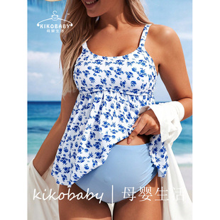 外贸孕妇分体泳衣女两件套2025新款欧美时尚碎花海边度假吊带泳装