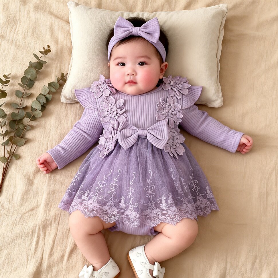 KIKOBABY婴儿百日宴春秋长袖新生儿宝宝裙子花朵网纱满月裙哈衣裙