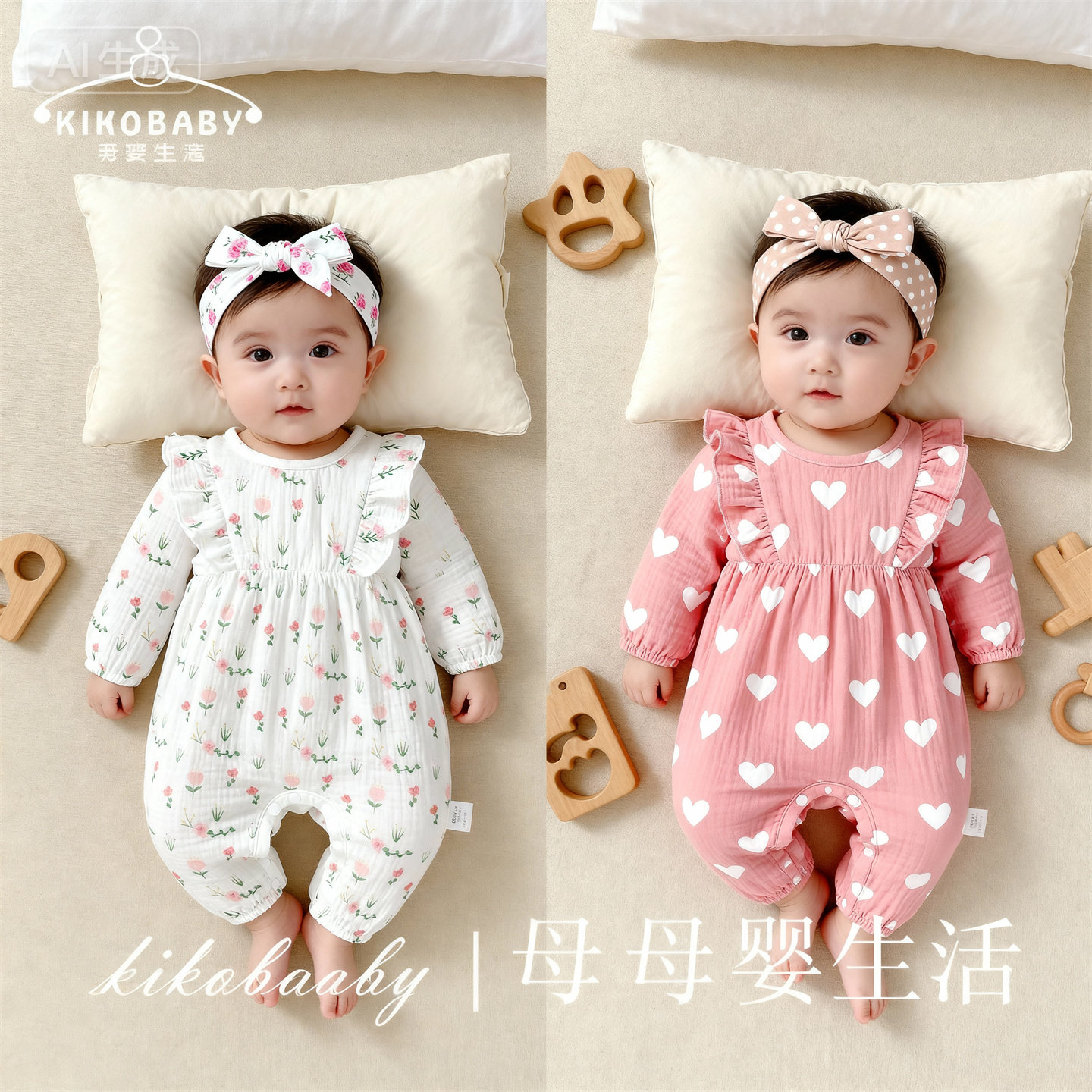 KIKOBABY婴幼儿早产儿爱心月子服长袖长腿爬服纱棉女宝宝连体衣