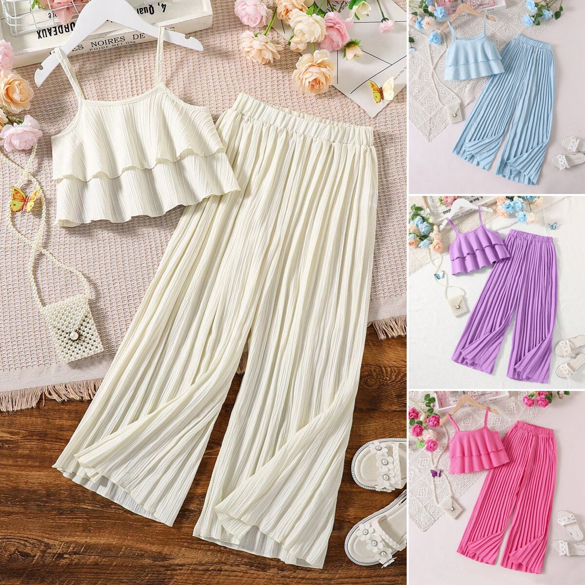 大童女童套装夏装短款吊带百褶长裤两件套装童装夏季儿童甜美套装