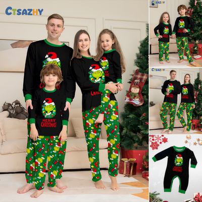 绿色圣诞怪杰Grinch亲子套装家居服卡通人物一家三口四口印花睡衣
